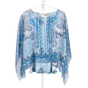 Boho Sheer Paisley Poncho Tank Set Top Petite L Blue Y2K Gypsy Hippie Festival